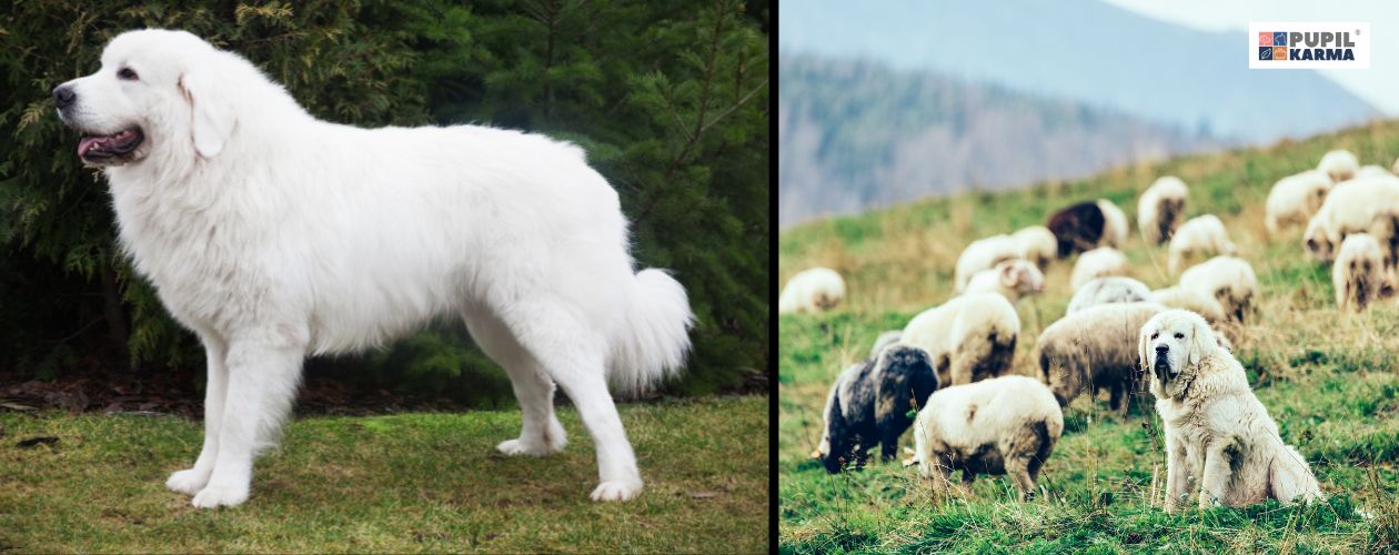 Polski Owczarek Podhalański. Po lewej pies bokiem stoi na trawie, po prawej owczarek z owcami. Po prawej logo pupilkarma.